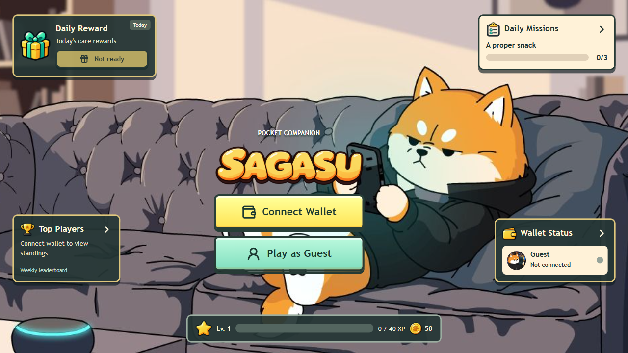 SAGASU Beta lobby with wallet and guest play options