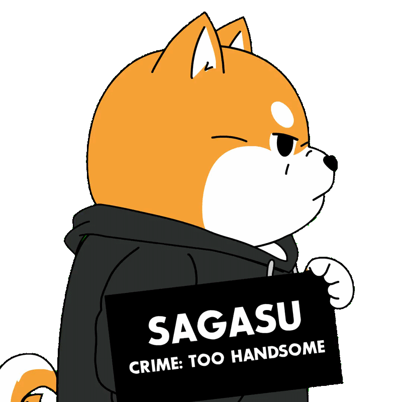 Animated Sagasu holding a too handsome sign